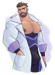 1boy bara bara_tiddies bara_tits beard big_chest big_pecs brown_hair bulge facial_hair flaccid gigantic_chest gigantic_pecs huge_chest huge_pecs large_pectorals male_only man_boobs man_breasts massive_chest massive_pecs moobs pecs pokemon pokemon_sv professor_turo solo solo_male wolf_con_f