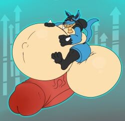 anthro balls belly big_balls big_belly big_penis blue_body blue_fur eggo21 erection eye_scar facial_scar fur genitals hand_on_stomach hi_res huge_balls huge_cock hyper hyper_balls hyper_genitalia hyper_penis inflation lucario male morbidly_obese navel nintendo obese outie_navel overweight penis pokemon pokemon_(species) scar scarf solo video_games