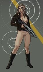 2021 areolae boots borg_(species) bottomless breasts breasts_out cleft_of_venus collarbone cyborg dima_ivanov female firearm footwear holding_weapon human humanoid implants leather_jacket long_hair looking_at_viewer nipples open_clothes open_jacket outerwear pale_skin phaser_rifle pubic_stubble rifle seven_of_nine solo standing star_trek star_trek_picard vulva weapon