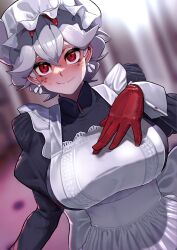 1girls 8husa beelzebub_(helltaker) big_breasts blush breasts clothed clothes clothing demon_girl earrings female female_only freckles fully_clothed gloves helltaker highres huge_breasts humanoid jewelry large_breasts maid maid_uniform red_eyes red_gloves smile solo solo_female white_hair