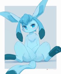 ancesra animal_ears animal_nose artist_name bangs blue_eyes blue_fur blue_hair blush body_fur border closed_mouth covering covering_crotch eeveelution embarrassed feet female flat_chest full_body furry furry_female generation_4_pokemon glaceon grey_background highres long_hair looking_at_viewer multicolored_hair nervous nintendo non-web_source outside_border own_hands_together patreon_logo patreon_username pawpads pokemon pokemon_(species) pussy_juice shiny shiny_hair simple_background sitting solo split_mouth spread_legs tail twintails two-tone_fur two-tone_hair watermark web_address white_border