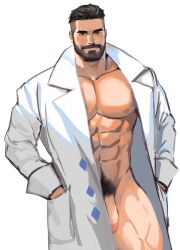 1boy bara beard coat_only dopq flaccid flaccid_penis male male_only muscles muscular muscular_male pokemon pokemon_sv professor_turo thick_thighs