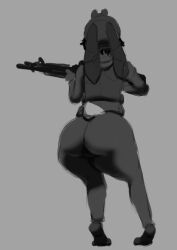 anthro armor big_ass bubble_butt bunny furry gun huge_ass lagomorph monochrome sketch spudds_