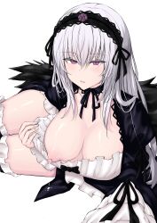 1girls arm_support bangs black_bow black_collar black_dress black_hairband black_ribbon black_wings blush bow breasts chin_gero cleavage clothes_pull collar collarbone cowboy_shot dress dress_bow dress_pull eyebrows_visible_through_hair frilled_dress frilled_legwear frilled_sleeves frills gothic_lolita grey_hair hair_between_eyes hairband hand_up juliet_sleeves lactation large_breasts lolita_fashion lolita_hairband long_hair long_sleeves looking_at_viewer lying neck_ribbon nipples on_side one_breast_out parted_lips pink_eyes puffy_nipples puffy_sleeves pulled_by_self ribbon rozen_maiden sidelocks simple_background solo suigintou thighhighs white_background white_legwear wide_sleeves wings