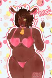 animal_ear animal_humanoid background big_ass big_belly big_breasts bikini blush blushing blushing_at_viewer bra brown_hair chubby chubby_female cleavage cody_(toxicdowns) color cow_ears cow_gf_(toxicdowns) cow_girl cow_horns cow_tail cowbell cute_face dark-skinned_female dark_hair dark_skin embarrassed hands_on_breasts heart-shaped_pupils heart_bra highres large_ass large_breasts lingerie looking_at_viewer matching_underwear milf oc pink_background pink_panties short_hair shy solo solo_female solo_focus tagme thick_ass thick_lips thick_thighs thong thong_bikini toxicdowns watermark yellow_eyes