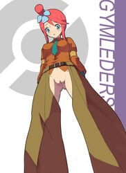 blush chaps clay_(pokemon)_(cosplay) engrish female female_only from_below gym_leader gym_leader_(cosplay) highres human makoto_daikichi nintendo no_panties pokemon pokemon_bw pussy ranguage red_hair skyla_(pokemon) solo uncensored