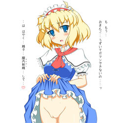 alice_margatroid blonde_hair blue_eyes blush dress dress_lift hairband highres mugen_panda no_panties pussy short_hair skirt skirt_lift solo touhou translated tsushima_aki uncensored