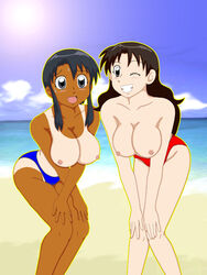 2girls azumanga_daiou beach bikini_bottom blush breasts dark_skin female female_only human large_breasts multiple_females multiple_girls nipples nyamo_minamo_kurosawa smile swimsuit tanline wink yukari_tanizaki