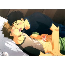 2boys abe_takaya ball bar_censor baseball black_hair brown_hair cum cum_on_abs cum_on_body cum_on_boy cum_on_clothes cum_on_penis cum_on_self cum_on_upper_body frottage gym gym_storeroom handjob kissing licking male male_only mihashi_ren multiple_boys ookiku_furikabutte penis penises_touching pinned saliva school schoolboy shirt_lift sport sports sweat tongue undressing yaoi