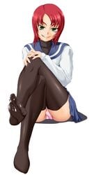 clothing cum cum_on_body cum_on_feet cum_on_lower_body feet ichirou my-hime naughty_face panties red_hair skirt smile stockings thighhighs yuuki_nao