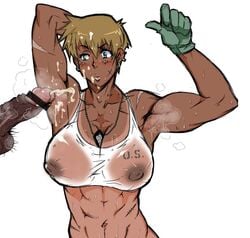 1boy 1girls abs ahe_gao areola arm_behind_head armpit_sex armpits army biceps big_penis blonde_hair blue_eyes blush breasts censored character_request cum cum_on_armpit cum_on_face dark-skinned_female dark_skin dog_tags ear_piercing ejaculation erect erect_nipples erection female glove gloves hair huge_cock large_breasts large_penis lipstick milf muscle muscles muscular_female navel nipples orgasm penis piercing pointless_censoring pubic_hair scar see-through short_hair simple_background skin_tight smell soil_(artist) source_request sweat tan_skin testicles toned