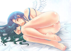 angel_wings anus ass bare_shoulders barefoot closed_eyes feet gradient_hair idolmaster kisaragi_chihaya legs long_hair lying multicolored_hair nude open_mouth pussy sleeping solo toes uncensored wings yashahime_(dolcevite)