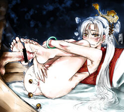 anal_beads antaria anus ass ass_juice bare_shoulders barefoot bed blush bottomless bracelet censored character_request covering covering_crotch cum cum_on_body cum_on_feet cum_on_lower_body embarrassed facial_mark feet footjob forehead_mark hair_ornament jewelry long_hair lying marble no_panties on_back penis pillow white_hair yellow_eyes