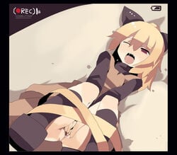 1girls blonde blonde_hair bow fingering fuukadia_(narcolepsy) govurin hairbow long_sleeves masturbation no_humans open_mouth pussy recording red_eyes short_hair solo team_shanghai_alice tear tied touhou uncensored wince yamame_kurodani youkai