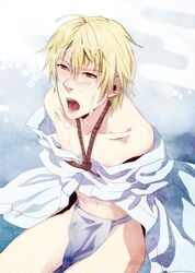 bondage cum durarara!! facial fundoshi heiwajima_shizuo highres human male male_only nipples rape rope slave solo tongue underwear