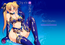 blonde_hair blush bra breasts bukkake cum cum_on_body cum_on_breasts cum_on_clothes cum_on_hair cum_on_lower_body cum_on_upper_body cum_string elbow_gloves facial fate_testarossa garter_belt genshi gloves hair_ribbon lingerie long_hair lyrical_nanoha mahou_shoujo_lyrical_nanoha mahou_shoujo_lyrical_nanoha_strikers red_eyes ribbon thighhighs tied_hair tongue twintails underwear