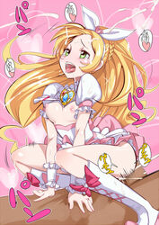 1boy 1girls ahe_gao blonde_hair boots bow breastless_clothes breastless_clothing breasts clothed_sex clothing cowgirl_position cum cure_rhythm dark-skinned_male dress female girl_on_top green_eyes hairbow happy_sex heart knee_boots long_hair magical_girl minamino_kanade nipples no_bra orgasm precure pretty_cure ribbon sex small_breasts solo spoken_heart straddle suite_precure suite_pretty_cure tear tongue uncensored white_dress zaitsu