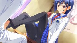 blue_hair blush censored feet footjob game_cg muririn nagamitsu_maya no_shoes noble_works panties pantyhose penis pink_eyes school_uniform seifuku skirt underwear