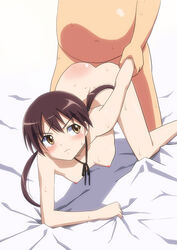 all_fours angry ass blush breasts brown_eyes brown_hair doggy_style fat_man from_behind gertrud_barkhorn long_hair looking_back nekomimi_hanaon nekomimi_kanon nipples nude ribbon sex sheet_grab small_breasts spanked strike_witches sweat tear tied_hair twintails wavy_mouth