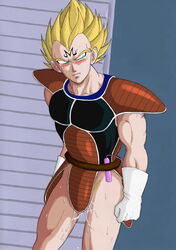 1boy anal blush bottomless cum cum_on_boy dragon_ball dragon_ball_z majin_mark male male_only muscle solo super_saiyan super_saiyan_2 tear vegeta vibrator