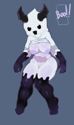 bottomless denva9 female_only ghost goo_creature halloween_costume horns huge_breasts monster_girl nipples original_character shiny_skin slime_girl tarri text text_bubble thick_thighs white_skin