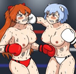 2girls asuka_langley_sohryu blue_eyes blue_hair blush boxing boxing_gloves boxing_ring breasts catfight female female_only fight gloves light-skinned_female light_skin medium_breasts mostly_nude multiple_girls neon_genesis_evangelion nipples panties partially_clothed punch red_boxing_gloves red_eyes red_gloves red_panties rei_ayanami socks sweat sweating sweaty topless topless_boxing white_boxing_gloves white_gloves white_panties