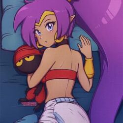 bed diaper earrings female head_on_pillow lazyblazy_(artist) pillow plush purple_hair shantae shantae_(character) tinkerbat