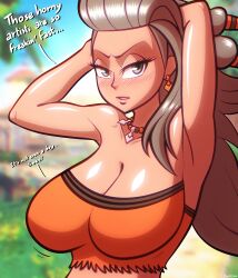 1girls alternate_breast_size beg4cake big_breasts bikini blush breasts breasts_bigger_than_head brown_hair brown_skin crop_top dakagite dark-skinned_female dark_skin earrings female female_focus female_only girl green_eyes kategida large_breasts long_hair looking_at_viewer necklace nintendo pokeball pokemon pokemon_professor pokemon_sv professor_sada_(pokemon) shiny_skin simple_background solo solo_female