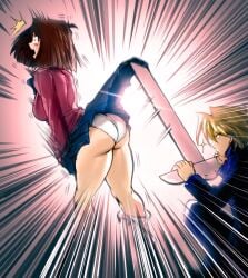 1boy 1girls ass blonde_hair blush brown_hair colored female hi_res joey_wheeler jounouchi_katsuya male mazaki_anzu microskirt panties pantyshot pantyshot_(standing) school_uniform shocked skirt skirt_lift skirt_tug tea_gardner thegoldensmurf thick_thighs yu-gi-oh! yu-gi-oh!_duel_monsters