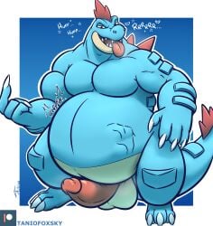 after_vore anthro balls belly big_belly blue_body blue_skin erection feraligatr genitals male male_pred muscular muscular_male nintendo pecs penis pokémon_(species) pokemon red_eyes scalie tanio tongue tongue_out video_games vore