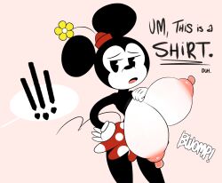 1girls anthro big_areola big_breasts big_nipples bouncing_breasts breasts breasts_out clothing dialogue disney female female_only flashing flashing_breasts flower hand_on_hip hat hidden_buxom huge_breasts huge_nipples humor hyper_breasts looking_at_another minnie_mouse mouse nipples ota_(artist) pac-man_eyes polka_dot public_domain puffy_nipples rodent shirt shirt_lift skirt solo unaligned_breasts