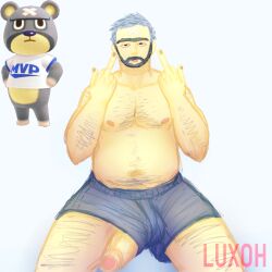 absurd_res alternate_species animal_crossing beard big_penis chubby_male clothing curt_(animal_crossing) facial_hair genitals hi_res human humanized luxoh male male/male mammal nintendo nipples overweight overweight_male penis solo underwear ursid video_games