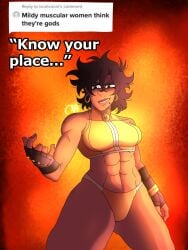 abs blue_eyes brown_hair brown_skin chromexorannex coco_joestar earrings know_your_place meme mildly_muscular_woman mole muscular_female oc original_character ourobouro smiling_at_viewer social_media toned_female two_piece_swimsuit