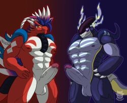 abs anthro balls bara claws dasinbun duo erection genitals gradient_background hands_on_hips humanoid_genitalia humanoid_penis koraidon legendary_pokémon male male/male male_only miraidon muscular muscular_anthro muscular_male nintendo nude pecs penis pokemon pokemon_sv pupils purple_body red_body simple_background slit_pupils standing take_your_pick video_games yellow_eyes