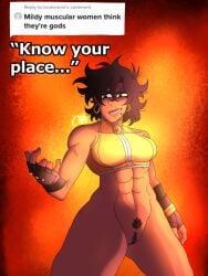 abs blue_eyes brown_hair brown_skin chromexorannex coco_joestar earrings exposed_pussy know_your_place meme mildly_muscular_woman mole muscular_female oc original_character ourobouro pubic_hair pussy smiling_at_viewer social_media toned_female