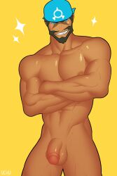 1boy archie_(pokemon) arms_crossed bandana big_penis flaccid flaccid_penis huge_cock male male_only melanin muscles muscular muscular_male nude pokemon pokemon_oras smiling_at_viewer solo solo_male team_aqua uchu