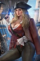 1girls ayyasap blonde_female breasts busty cleavage clothed clothed_female clothing coat_on_shoulders disney elizabeth_swann flintlock_pistol fully_clothed keira_knightley pants pirate pirate_girl pirate_hat pirate_ship pirates_of_the_caribbean solo voluptuous