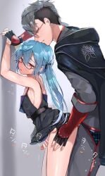 1999_misc 2boys against_wall ambiguous_penetration arched_back blue_hair clothed clothed_sex crossdressing dress_lift femboy gay girly glasses hands_above_head penis_under_dress size_difference w_(1999_kyu) yaoi