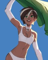 breasts character_request choker earring female flat_chest flat_chested green_eyes looking_at_viewer midriff open_mouth panties psudonym sweater tagme white_highlights