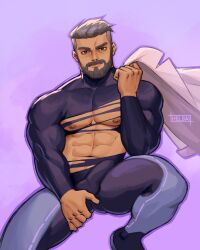 1boy bara erection_under_clothes exposed_chest looking_at_viewer male male_only muscles muscular muscular_male pokemon pokemon_sv professor_turo ripped_clothing spread_legs whyhelbram