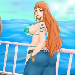 big_ass big_breasts bikini female female_only jeans long_hair luxap nami one_piece orange_hair striped_bikini tattoo