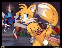 anthro autopenetration bandage bandaged_arm bandaged_tail blue_body blue_eyes blue_skin breasts canid canine cuff_(restraint) cute_eyes dildo duo femboy feminization forced fox fur genitals girly hi_res machine male male/male male_only mammal masturbation metal_cuffs metal_sonic metallic_body penetration penis rape restraints robot robotization s4n scary sega sex_toy sonic_(series) sonic_forces story story_in_description street tails tails_the_fox white_body white_fur yellow_body yellow_fur