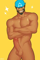 1boy archie_(pokemon) arms_crossed bandana bara big_penis boner erect_penis erection hard_on huge_cock male male_only melanin muscles muscular muscular_male nude pokemon pokemon_oras smiling_at_viewer solo solo_male team_aqua uchu