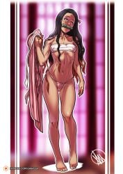 bandeau barefoot black_hair demon_girl demon_slayer female female_only full_body fundoshi gag ganassa hair_ribbon kamado_nezuko kimetsu_no_yaiba kimono_removed long_hair nipple_bulge pink_eyes sarashi small_breasts solo standing two_tone_hair undressing wavy_hair