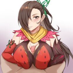 1boy 1girls alternate_costume breasts brown_eyes brown_hair cleavage deliciousbra elbow_gloves female female_focus fire_emblem fire_emblem_fates fire_emblem_heroes gloves hair_over_one_eye huge_breasts kagero_(fire_emblem) long_hair male male_pov nintendo official_alternate_costume paizuri paizuri_lead_by_female paizuri_on_lap ponytail smile solo_focus straight unseen_male_face