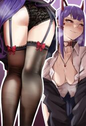 absurdres akuma_nihmune ass bangs black_jacket black_legwear black_panties blunt_bangs breasts choker cleavage clothes_lift collared_shirt cum cum_on_body cum_on_breasts demon_girl demon_horns facial_tattoo female from_behind garter_straps heart heart_tattoo highres horns indie_virtual_youtuber jacket jewelry lace lace-trimmed_legwear lace_panties lace_trim lingerie long_hair marking_below_eyes medium_breasts mole mole_under_eye multiple_views necklace off_shoulder open_clothes open_jacket panties partially_unbuttoned purple_hair rain_prophet red_choker red_eyes red_horns shirt sidelocks skirt skirt_lift succubus sweat tattoo thighhighs underwear very_long_hair virtual_youtuber wavy_mouth white_shirt