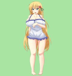 1girls :3 big_breasts blonde_hair breasts_bigger_than_head enormous_breasts green_background huge_breasts long_hair massive_breasts moralgear short_dress tagme thick_thighs