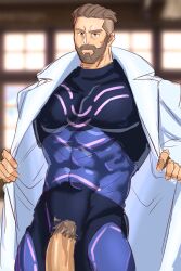 bara beard bodysuit facial_hair fumimimimidory game_freak gay labcoat male male_only muscles muscular nintendo npc_trainer penis penis_out pokemon pokemon_sv professor_turo solo solo_male sweatdrop