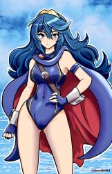 alternate_costume blue_bikini blue_hair breasts female female_only fire_emblem fire_emblem_awakening johncaden long_hair looking_at_viewer lucina_(fire_emblem) nintendo one-piece_swimsuit solo swimsuit