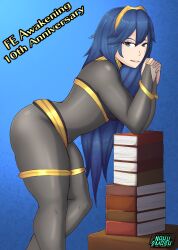 alternate_costume bent_over blue_eyes blue_hair bodystocking cosplay female female_only fire_emblem fire_emblem_awakening full_bodystocking lucina_(fire_emblem) nahusmash nintendo pose sideboob solo tharja_(fire_emblem)_(cosplay)